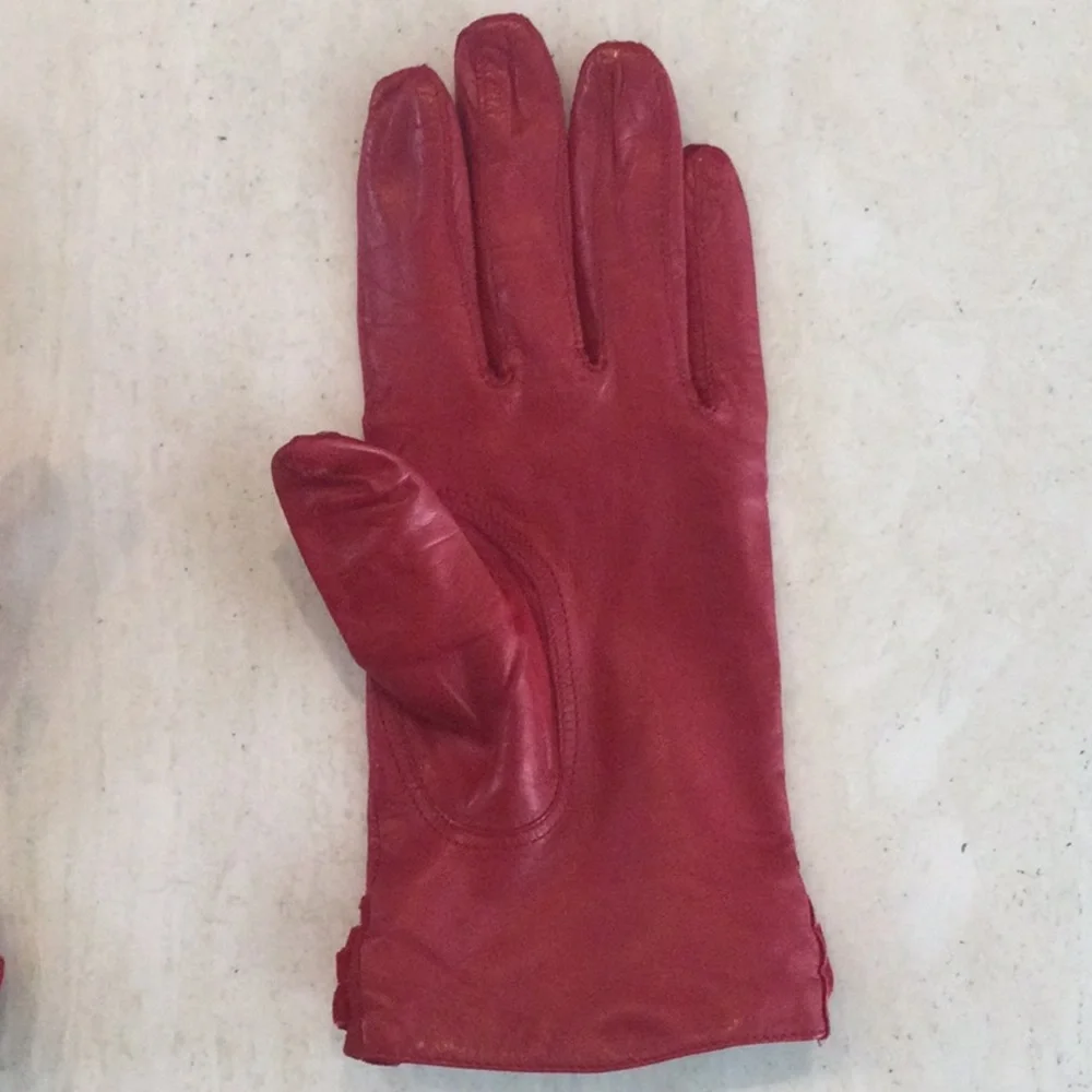 Vintage Coach Red Leather Gloves Silk Lining Women Size 8 Velvet Trim Rhinestone